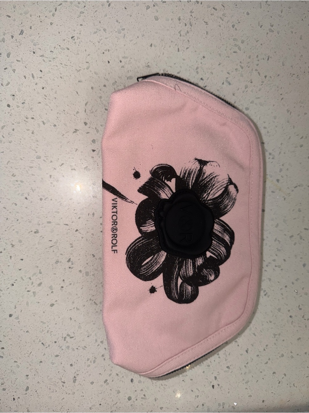 Viktor & Rolf Pink Canvas Pouch with Black Floral Emblem